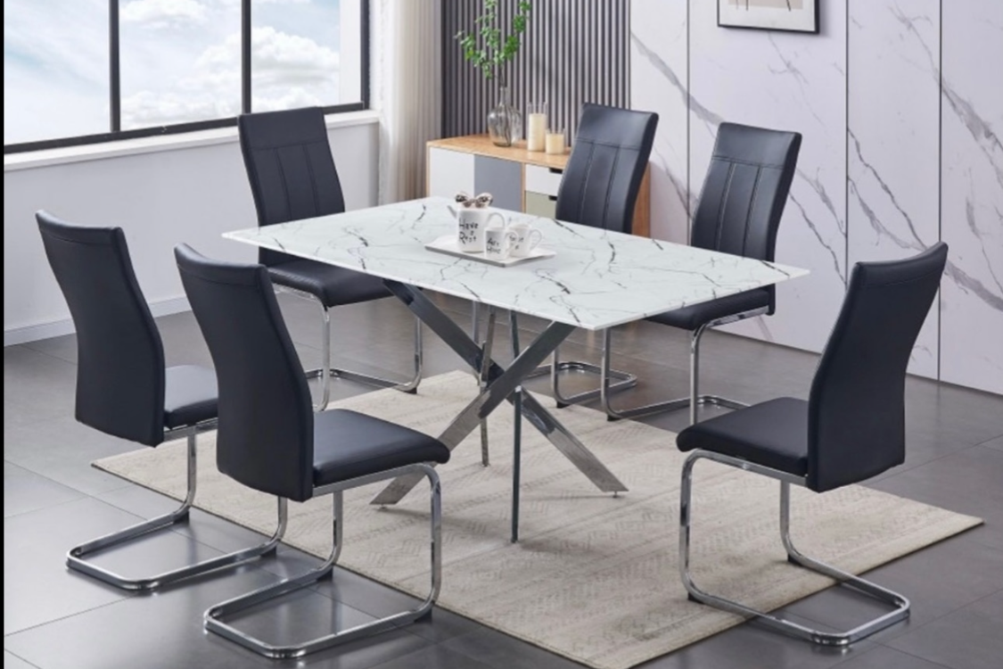Ensemble de salle à manger moderne en verre avec chaises noires - 7 pièces