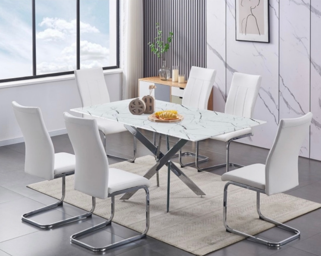 Ensemble de salle à manger moderne en verre blanc avec chaises chromées - 7 pièces