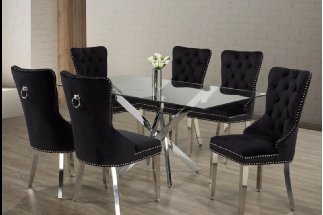 Ensemble de salle à manger de luxe en velours noir avec accents chromés - 7 pièces