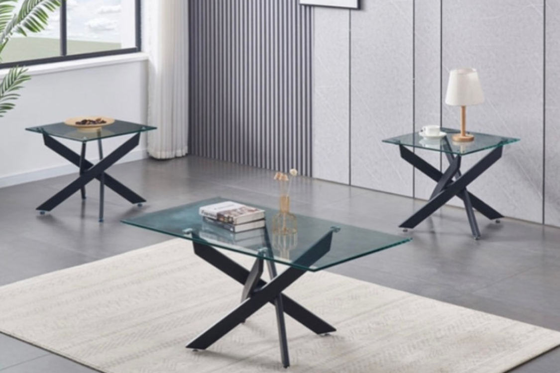 Ensemble de table basse moderne en verre avec piètement en X noir - 3 pièces
