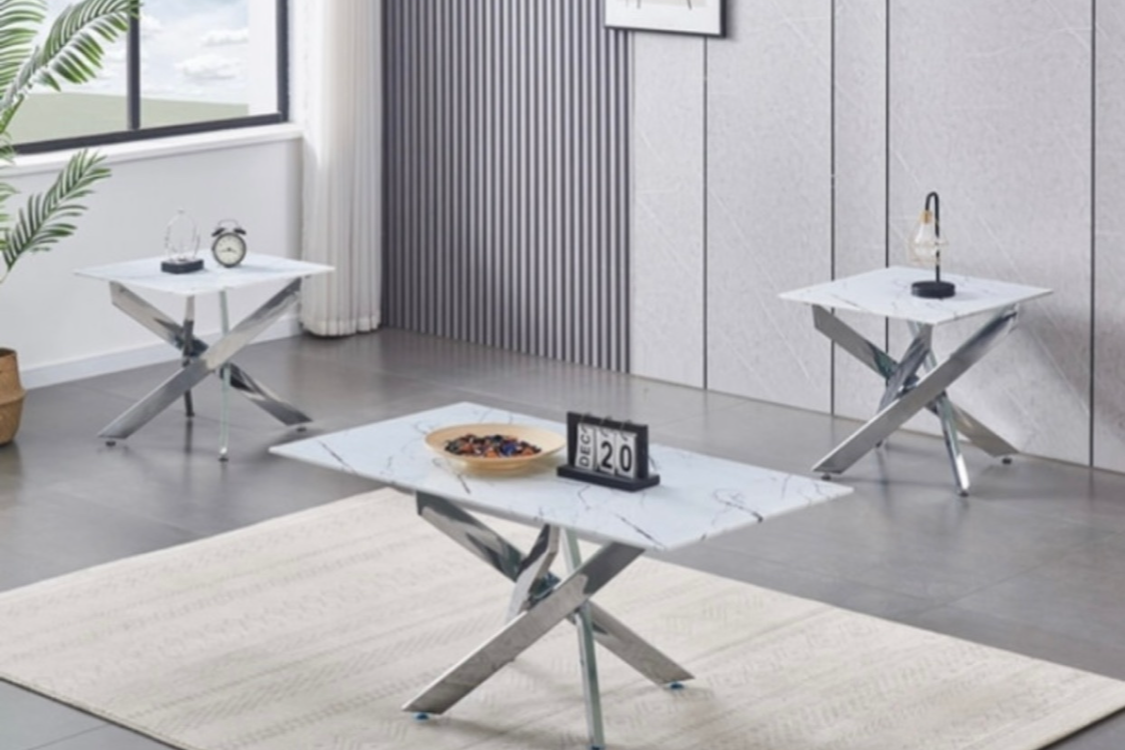 Ensemble de table basse moderne en marbre blanc avec piètement en X chromé - 3 pièces