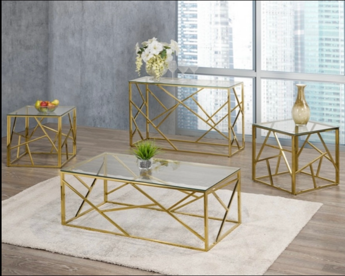 Ensemble de table basse géométrique en verre doré - Collection moderne 4 pièces