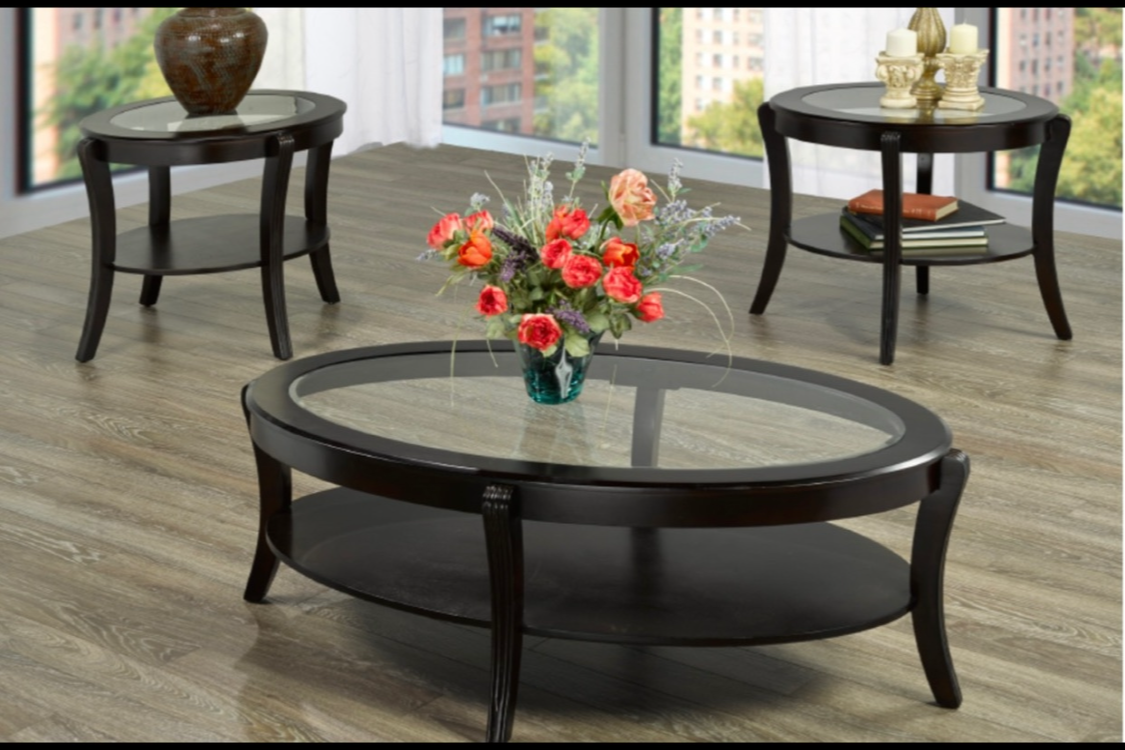 Ensemble de table basse classique noire avec plateau en verre - 3 pièces