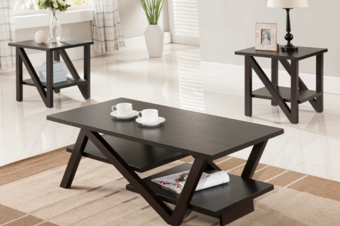Ensemble de table basse moderne en bois foncé avec piètement géométrique - 3 pièces