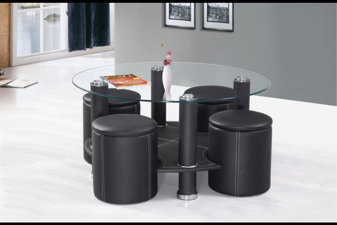 Table basse noire moderne avec poufs de rangement - Ensemble multifonctionnel