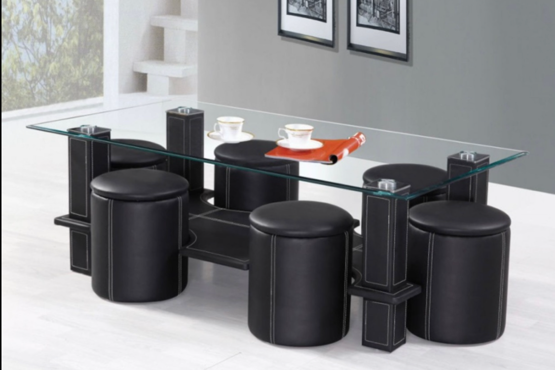Table basse moderne en verre avec poufs de rangement - Modèle étendu
