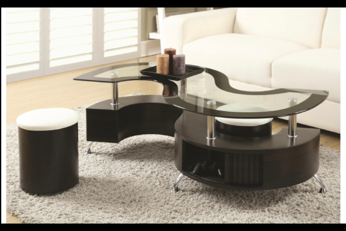 Table basse noire moderne avec poufs de rangement - Ensemble multifonctionnel