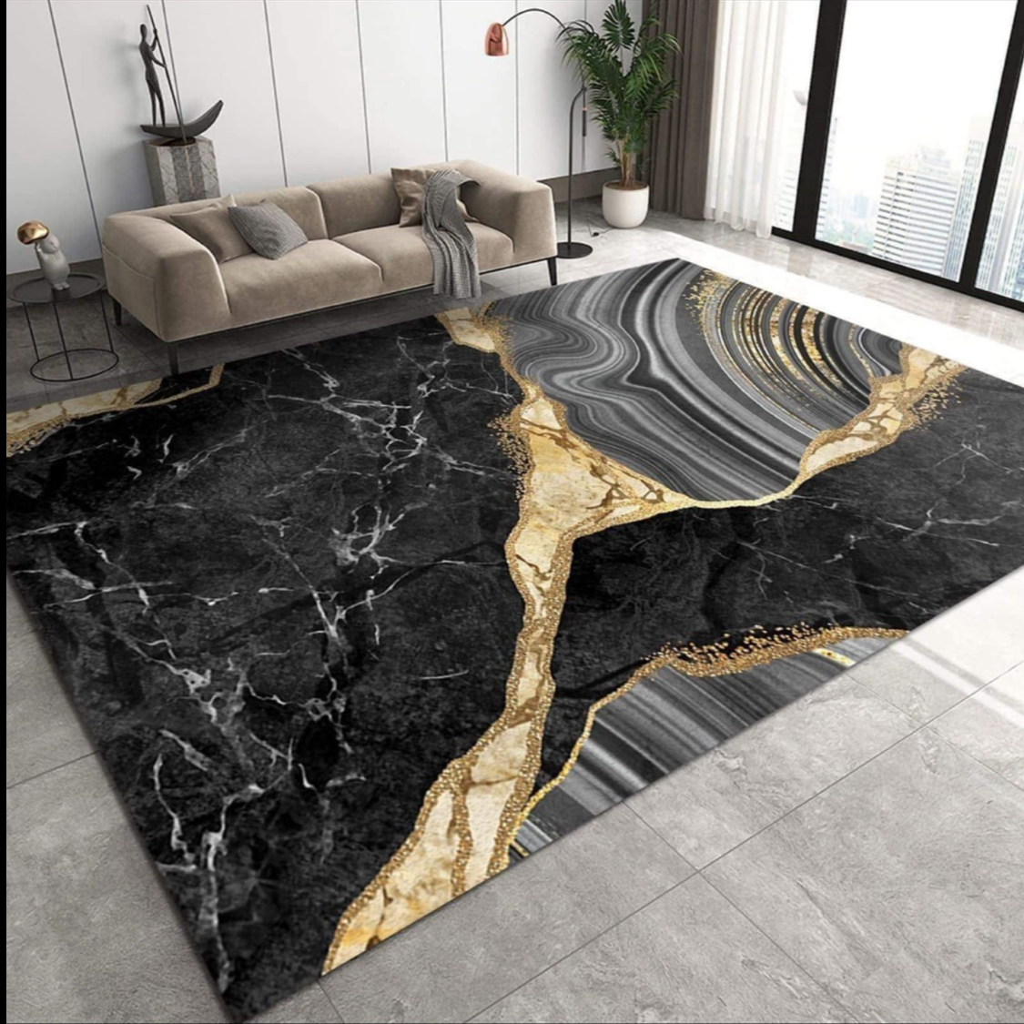 Large Luxury Rug - Black Marble with Gold Veining