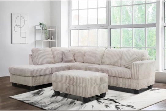 Beige Corduroy Sectional Sofa with Ottoman - Contemporary L-Shape